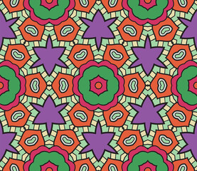 Abstract colorful doodle geometric flower seamless pattern. Floral background. Mosaic, geo tile of thin line ornament.