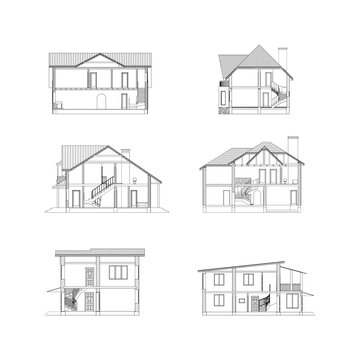 Best interesting architectural vector blueprints. Set of cross-sections suburban houses isolated on white background.