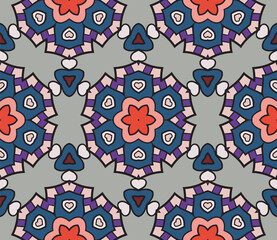 Abstract colorful doodle geometric flower seamless pattern. Floral background. Mosaic, geo tile of thin line ornament.