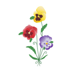 A graceful bouquet of three pansy flowers. Сolorful spring-summer flower arrangement. Garden bloom. Yellow, red, purple, green colors. Hand-drawn vector. Beauty and fashion. For Easter, Mother's Day.
