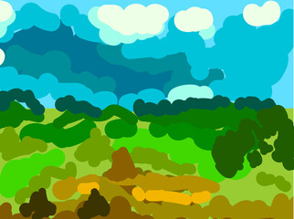 Sloppy abstract summer landscape with green field and blue sky