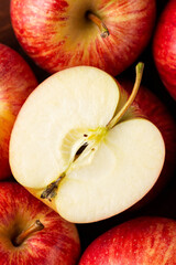 Fresh juicy red apple slices, cut, close up. macro photo