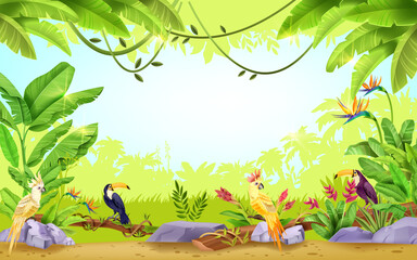 Jungle vector tropical rainforest frame, nature paradise exotic background, toucan, parrot, liana, banana leaf. Summer Hawaii environment wildlife illustration, palm silhouette. Jungle frame, branch - obrazy, fototapety, plakaty