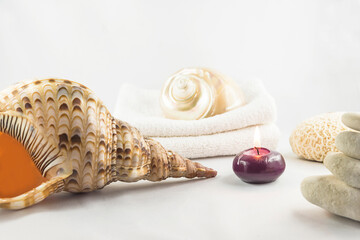 Body care or spa concept. Beautiful seashells, white towel and burning candle on white background