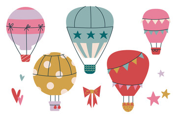 Set of cliparts Hot air balloon in the sky with clouds. Vector print for children. Flight in the sky cute. Childrens art clipart isolated. Minimalism for the nursery or print for toddlers toddlers