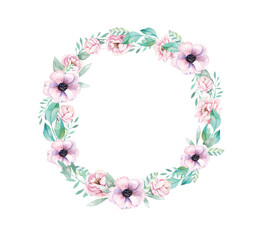 Watercolor boho floral wreath. Bohemian natural frame: leaves, feathers, flowers, Isolated on white background. decoration illustration. Save the date, weddign design, valentine's day