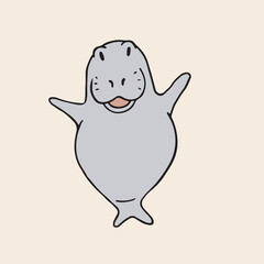 Dugong character. Vector hand drawn Manatee or Sea Cow maskot illustration. Happy and smiling cartoon isolated emoji animal
