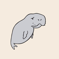 Dugong character. Vector hand drawn Manatee or Sea Cow maskot illustration. Sad and frustrated cartoon isolated emoji animal