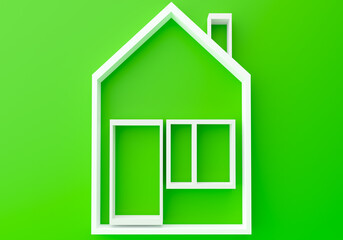 A schematic image of a house made of white sticks. A symbolic building on a green background. An elongated abstract house. Interior design. 3d icon of the dwelling. The symbol of the hotel.