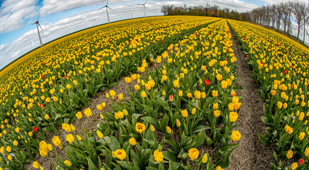 Fish eye view of a field of yellow and red tulips