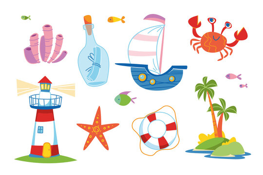 Cute colorful set of marine elements. Ship, Lighthouse, Algae, crab, Desert island, lifebuoy, bottle with a message. For decor clipart. Kids cartoon funny print. Summer travel on water cruise art