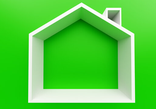 Small house super icon. A schematic home image on a green background. The concept of housing. Your home. Volumed model of a small house. 3d building on green.