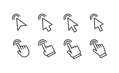 Arrow and hands click icons. Pointer vectors clicking.