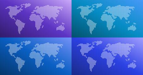 dotted world map color gradient vector illustration in four colors. purple, blue, cyan, turquoise