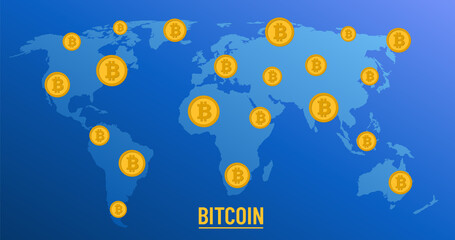 world map with bitcoin cryptocurrency worldwide. blue color gradient vector illustration with bitcoins all over the world