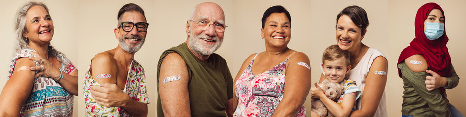 Diverse and mixed age group of people taken covid-19 vaccine - obrazy, fototapety, plakaty