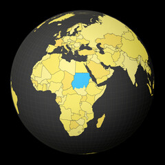 Sudan on dark globe with yellow world map. Country highlighted with blue color. Satellite world projection centered to Sudan. Authentic vector illustration.