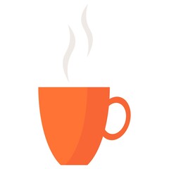 Vector illustration of a cup. An orange cup of hot drink, steam rising above the cup. 