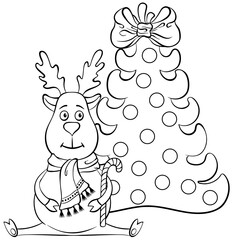 Sitting cute Christmas deer with candy staff in a scarf near the christmas tree. Animal cartoon character. Vector hand drawn illustration in line art style isolated. For coloring book page, postcards