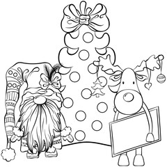 Christmas scandinavian gnome and deer near the christmas tree. Cute nisse or tomte cartoon character. Vector hand drawn illustration in line art style isolated. For coloring book page, postcards
