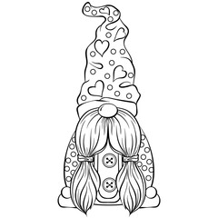 Christmas or garden scandinavian gnome in a high hat. Cute nisse or tomte cartoon character. Vector hand drawn illustration in line art style isolated. For coloring book, postcards or Christmas design