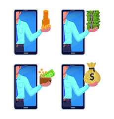 Businessman holding money cash wallet on smartphone screen. Internet online cash money transfer withdraw earnings concept vector illustration.