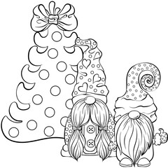 Two Christmas scandinavian gnomes near the christmas tree. Cute nisse or tomte cartoon character. Vector hand drawn illustration in line art style isolated. For coloring book page, postcards