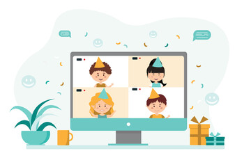 Happy birthday! Children's holiday with cake and balloons on the laptop screen. Video chat online. Internet communication during quarantine. In cartoon style. The are gifts nearby. Vector illustration