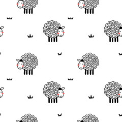 Vector seamless pattern with cute line sheep with curly wool