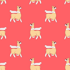 Vector seamless pattern of cute yellow llama with scarf and glasses