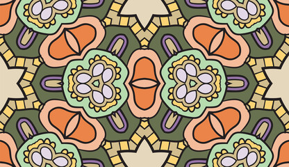 Abstract colorful doodle geometric flower seamless pattern. Floral background. Mosaic, geo tile of thin line ornament.
