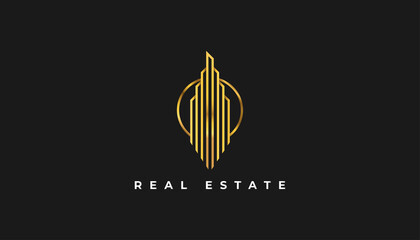 Luxury Real Estate Logo in Gold Gradient with Line Style. Construction, Architecture or Building Logo Design Template