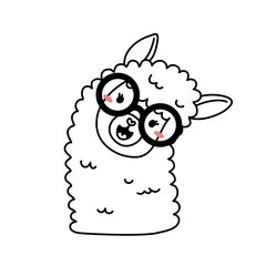Vector illustration of head of cute line art llama with glasses © klaiority