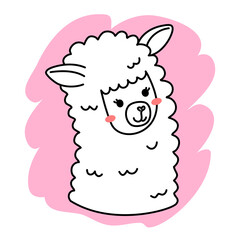 Vector illustration of head of cute happy line art llama
