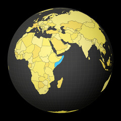 Somalia on dark globe with yellow world map. Country highlighted with blue color. Satellite world projection centered to Somalia. Cool vector illustration.