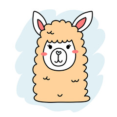 Vector illustration of head of cute happy line art yellow llama