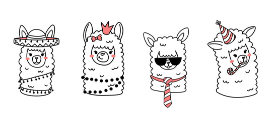Vector set of illustration of head of cute happy line art llama with fun accessory