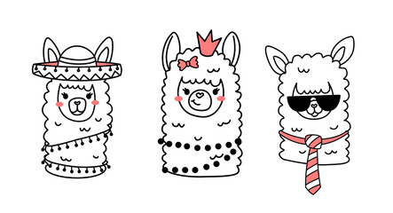 Vector set of illustration of head of cute happy line art llama with pink accessory