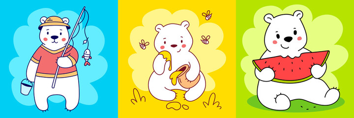 Vector set of illustration of cute happy line art bear character with different things