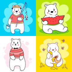 Vector set of illustration of cute happy line art bear character in different pose