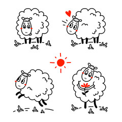 Vector set of illustration of cute happy line art sheep with curly wool in different pose