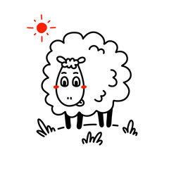Vector illustration of cute happy line art sheep with curly wool and sun
