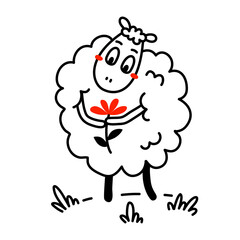 Vector illustration of cute happy line art sheep with curly wool and flower