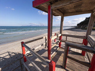 Amazing view of deserted Playa de Muro Beach from wooden lifeguard tower in Mallorca , Balearic Islands, Spain