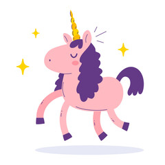 Vector illustration of cute happy pink unicorn with close eyes