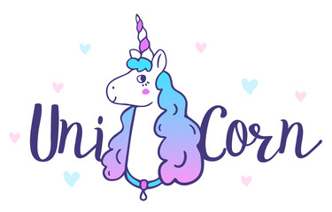 Vector illustration of head of cute happy unicorn with horn and word unicorn