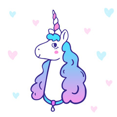 Vector illustration of head of cute happy unicorn with horn