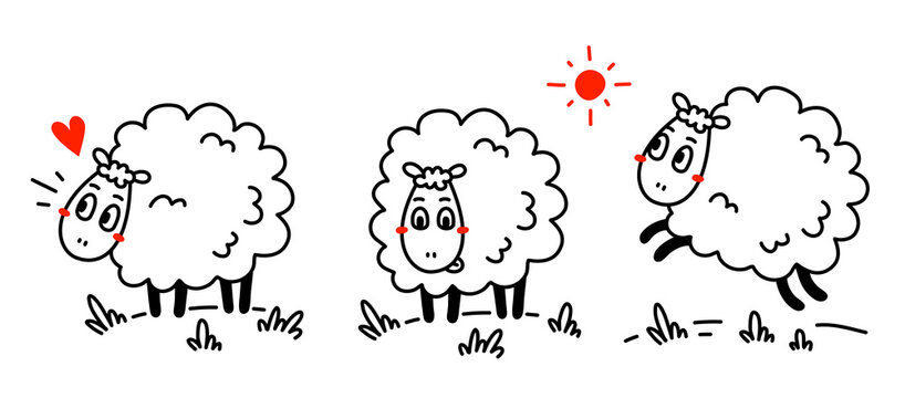 Vector set of illustration of cute happy line art sheep with curly wool in different pose