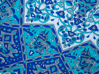 close view of Indian style blue decorative fabric