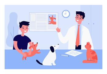 Veterinarian giving boy information about pets. Male doctor, child holding dog, animals on table flat vector illustration. Vet clinic, pets concept for banner, website design or landing web page